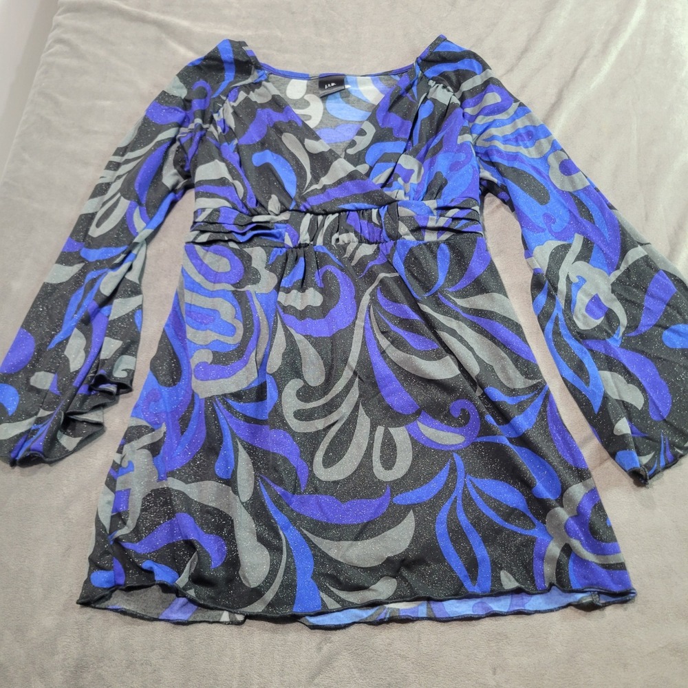 J.T.B. Blue Abstract Swirl Glitter‎ Bell Sleeve Tie Back Tunic Top Womens L